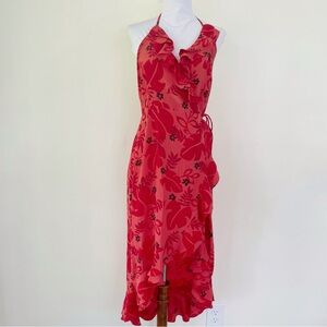 Vintage 100% Silk Express Red Floral Ruffle Wrap Halter Vneck Midi Dress 7/8